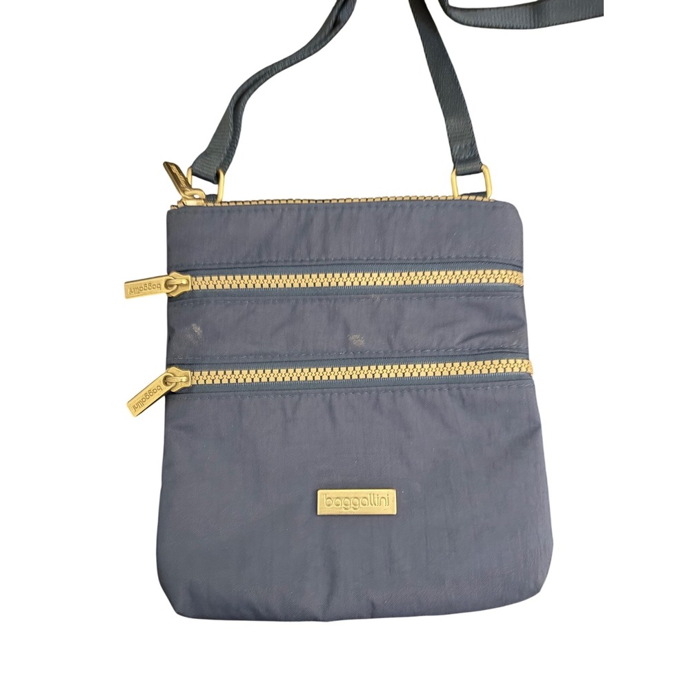 Baggallini Blue Nylon Multi Zip Pocket Crossbody Bag Gold Hardware Travel Purse